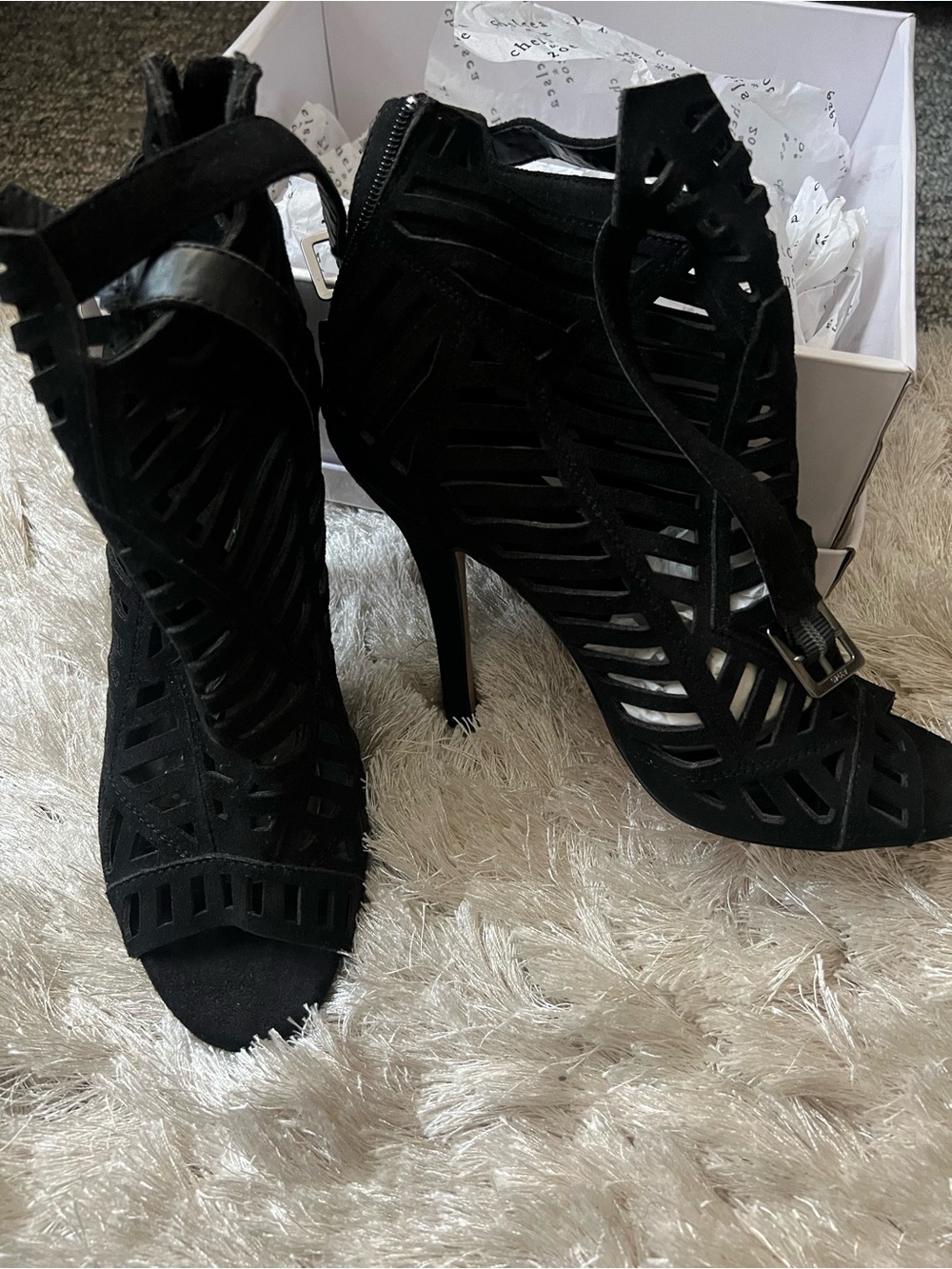 Chelsea & Zoe Black Laser-Cut Stiletto Booties
